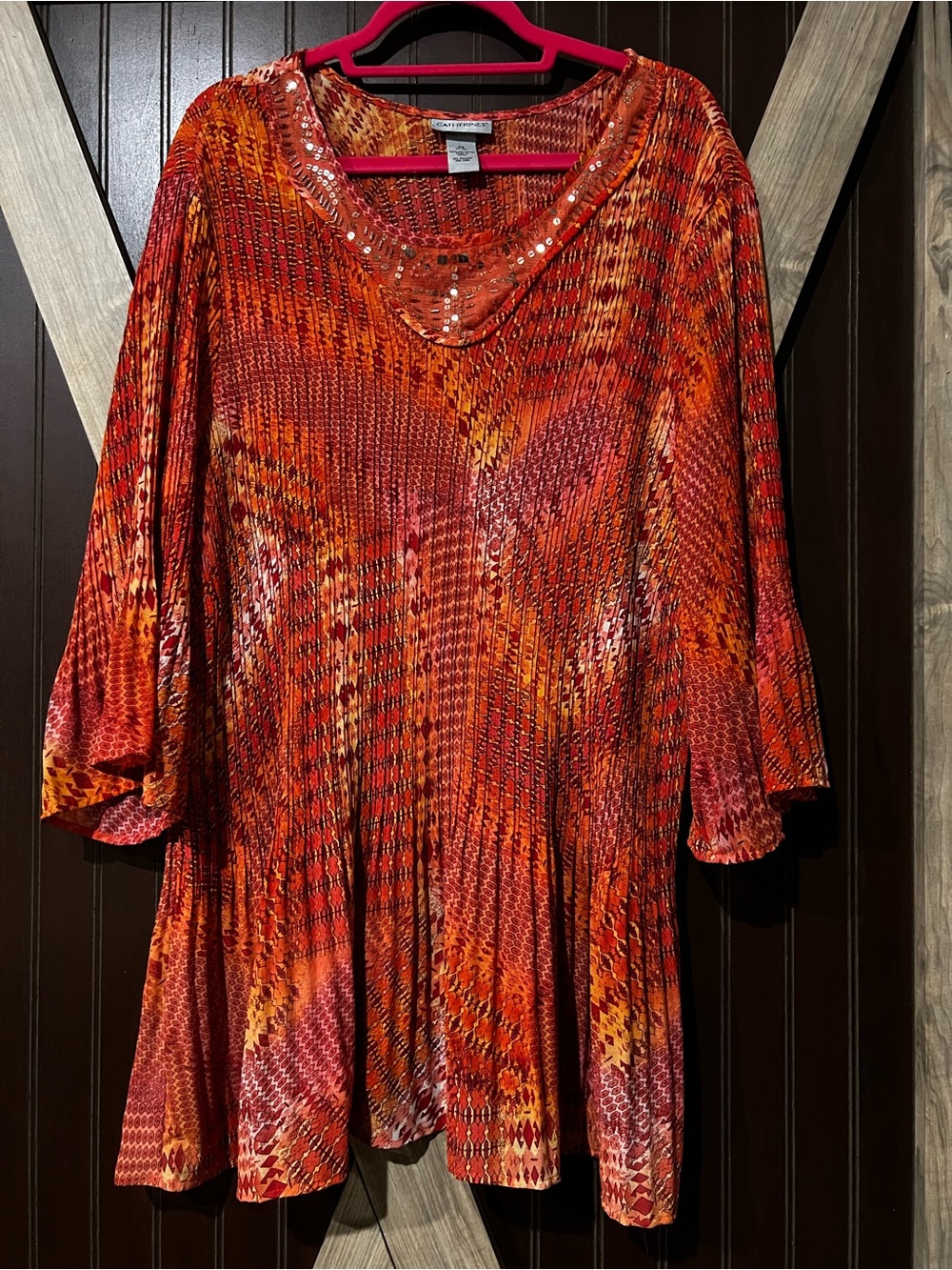 Catherines Red-Orange Printed Sequin-Trim Tunic
